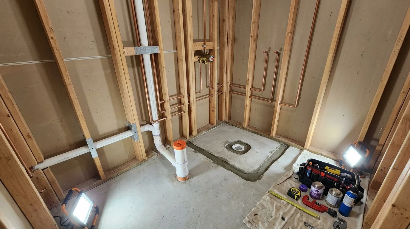 Bathroom rough-in plumbing during remodel by Johns Plumbing LLC in Larned