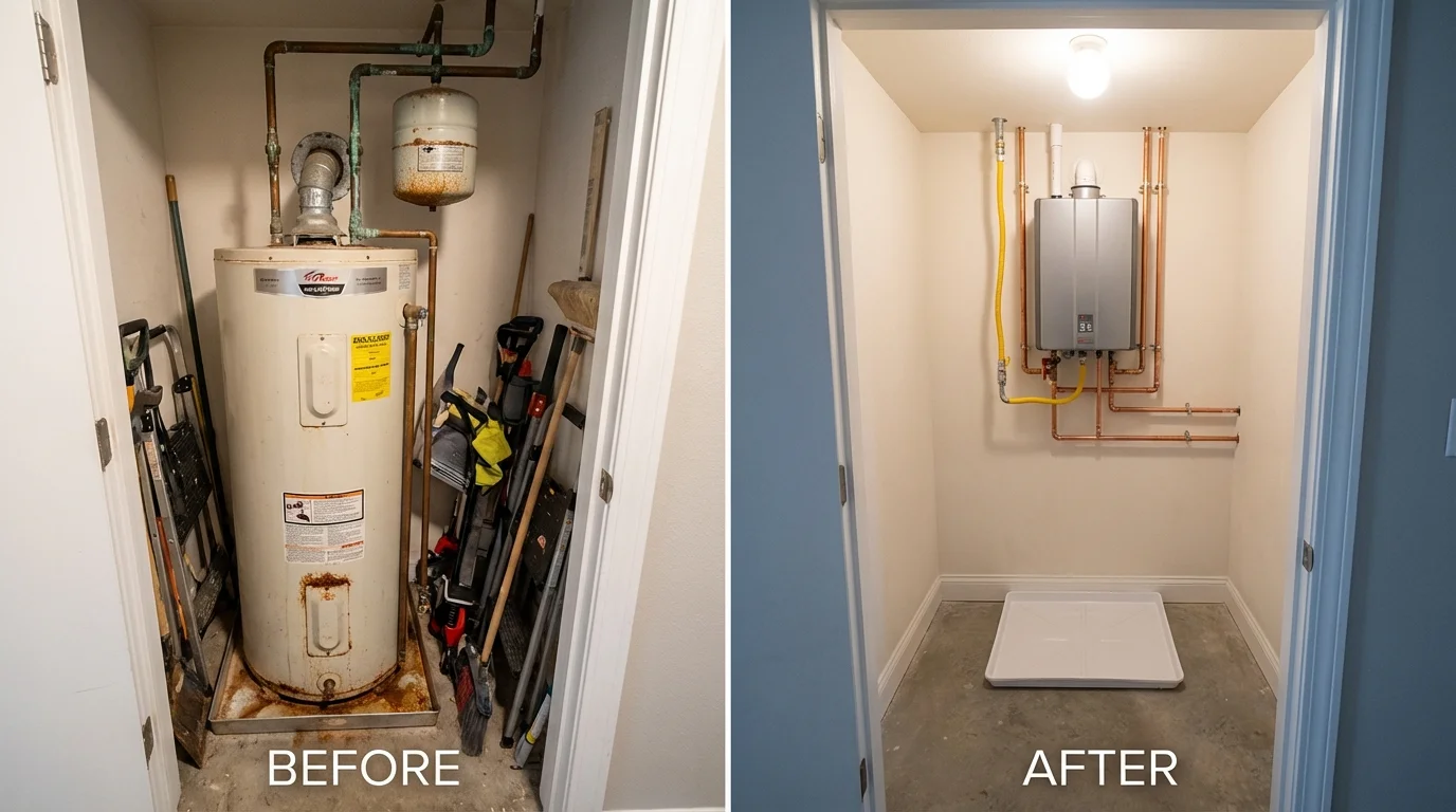 Tank water heater versus wall-mounted tankless unit comparison for Larned, KS homeowners