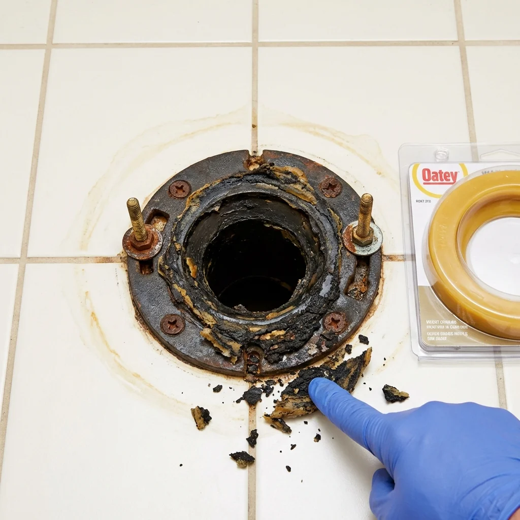 Failed wax ring showing water seepage at the base of a toilet in a Larned, KS home