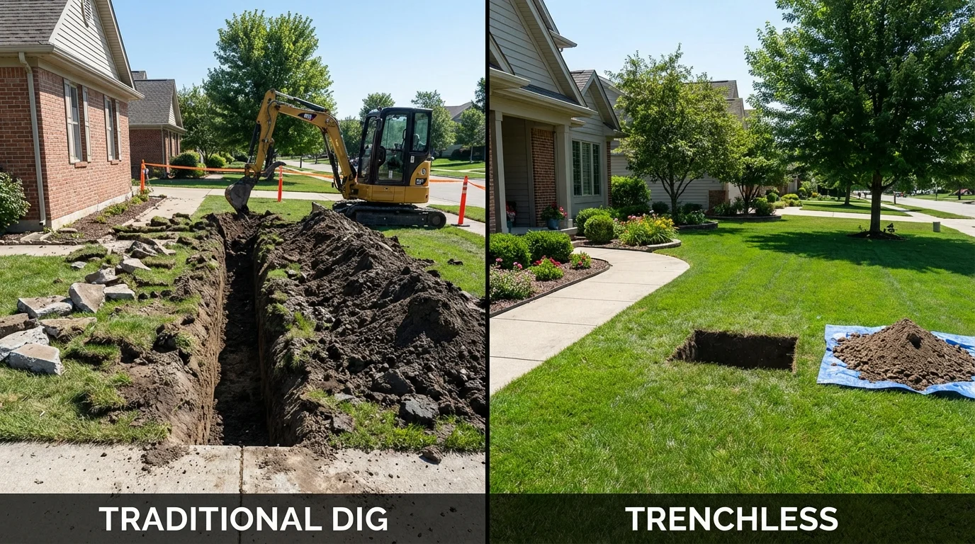 Trenchless sewer repair with minimal yard damage versus traditional excavation in Larned, KS